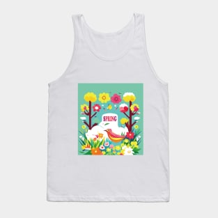 Blooming Spring Delight: Vibrant Flowers and Playful Birds Art Print Tank Top